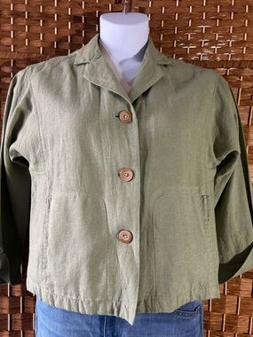 Coldwater Creek Linen Blend Jacket Olive Green Button Front PM Petite Medium